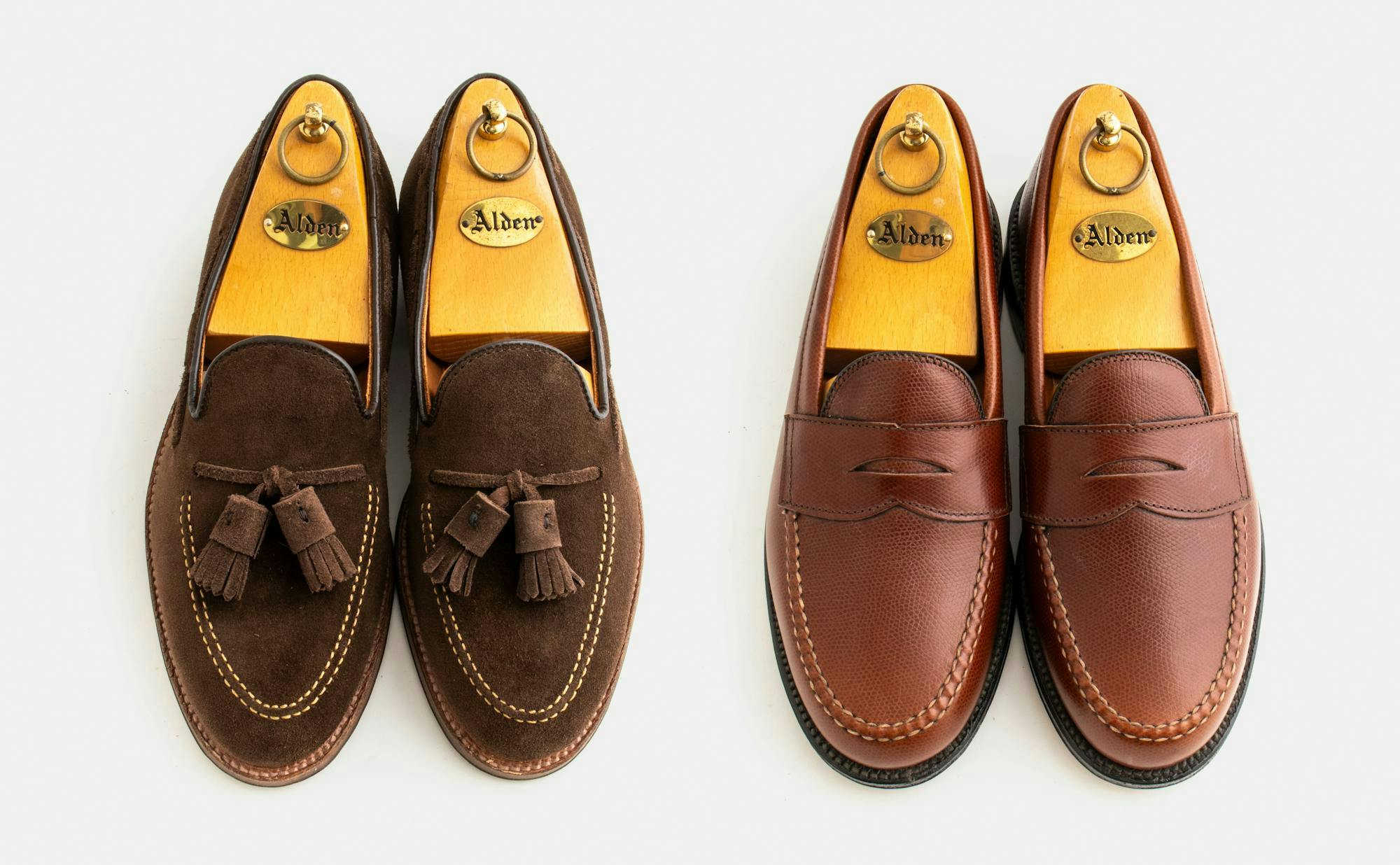 Two pairs of Alden loafers.