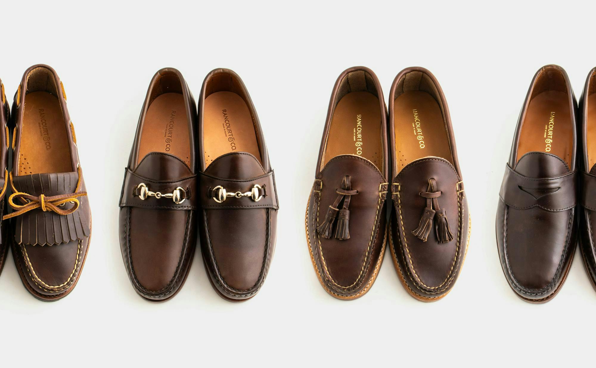 Four pairs of Rancourt loafers in brown calfskin.
