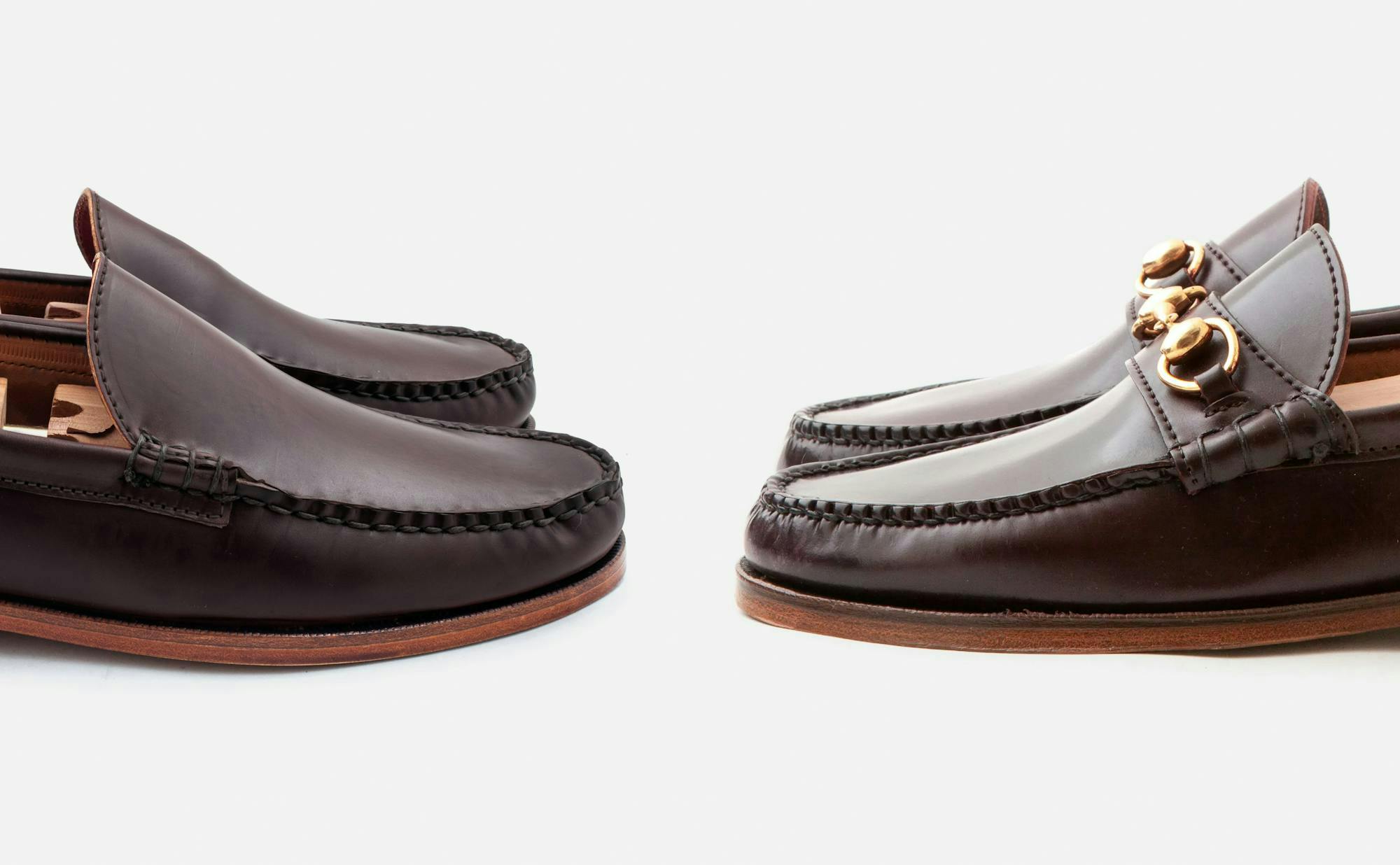 Profile views of two Rancourt loafers in color 8 shell cordovan.