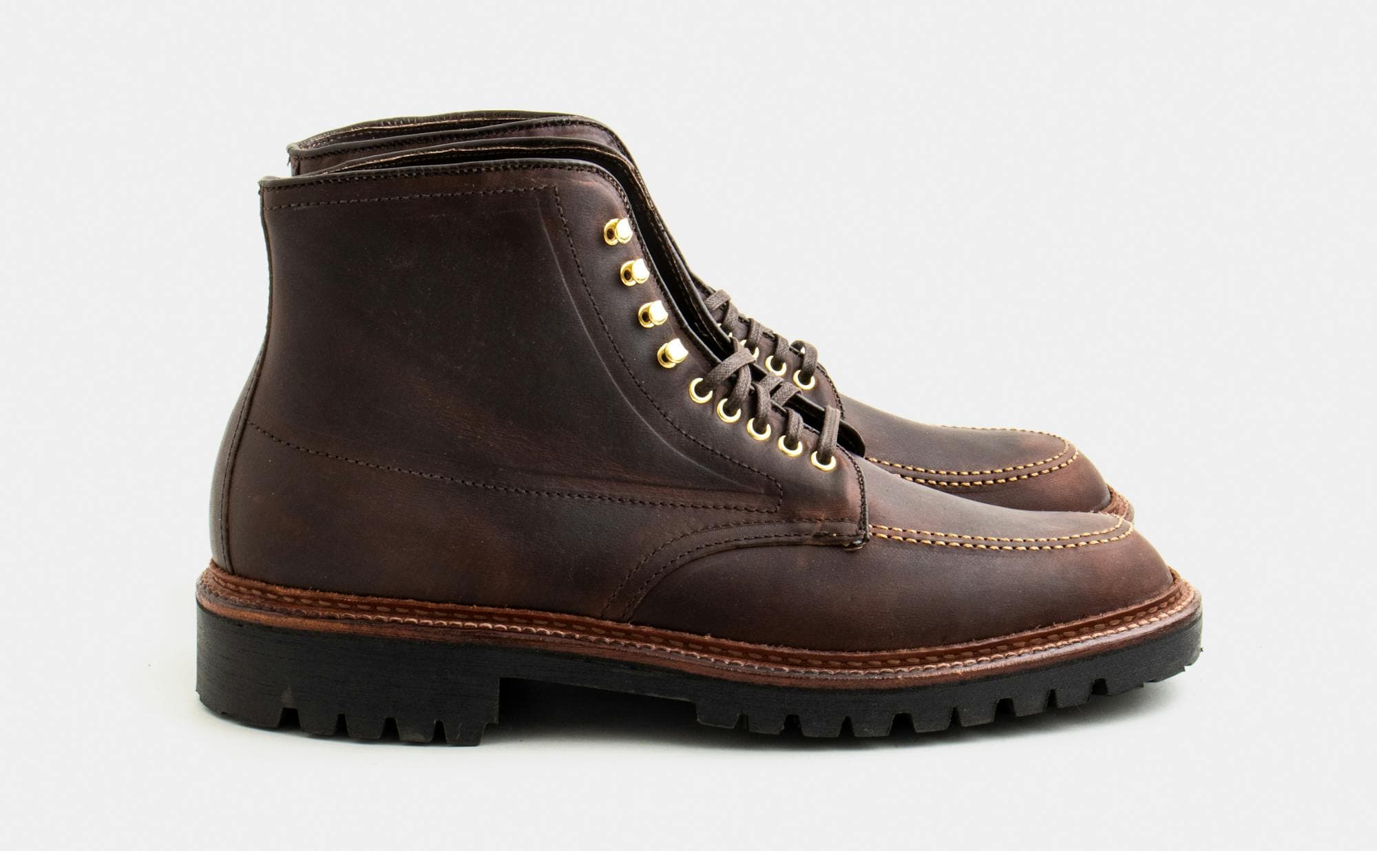 Side view of a pair of Alden x Leffot Indy boots in kudu leather.