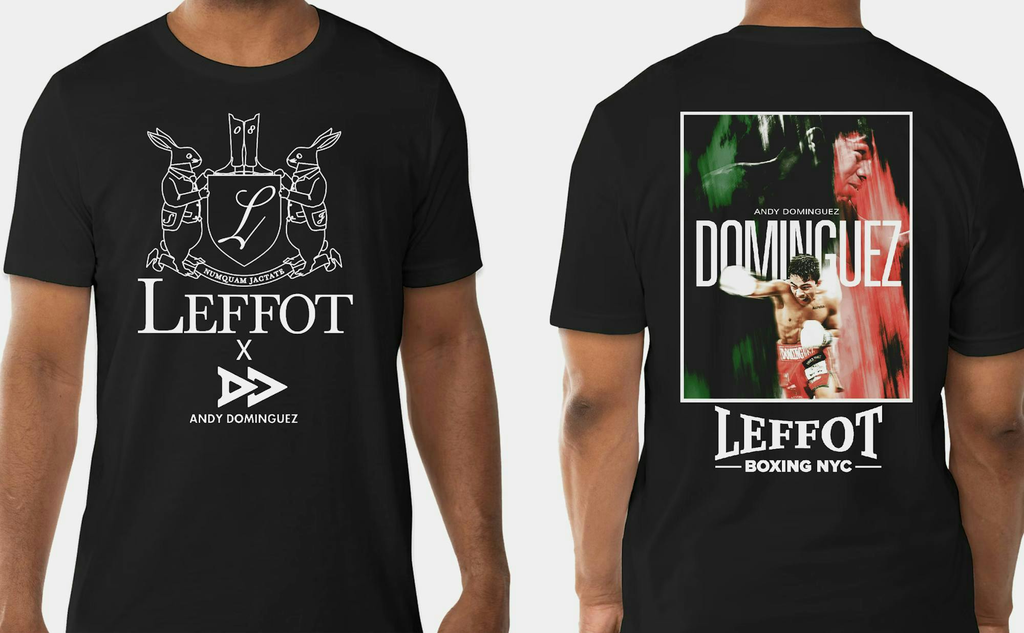 Front and back view of the Andy Dominguez fight t-shirt.
