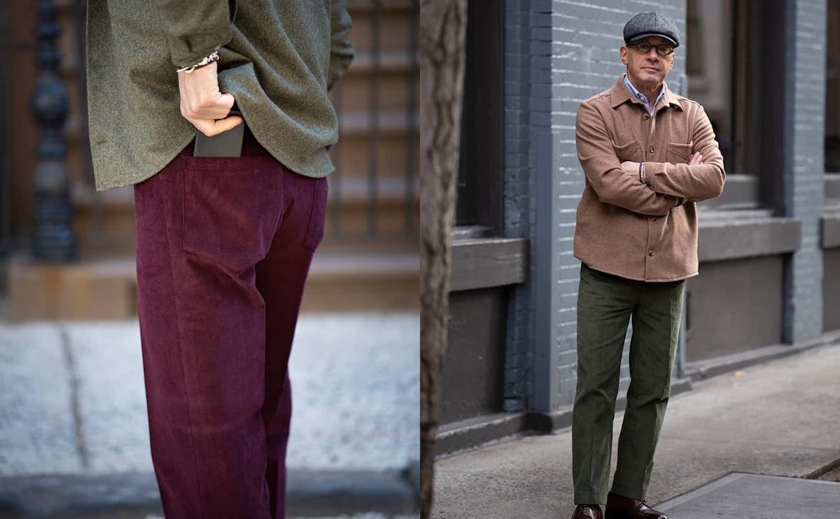A photograph of a man slipping his phone into the back pocket of his burgundy corduroy trousers. A second photograph of a man crossing his arms, wearing a newsboy cap, cashmere overshirt, and green corduroy trousers.