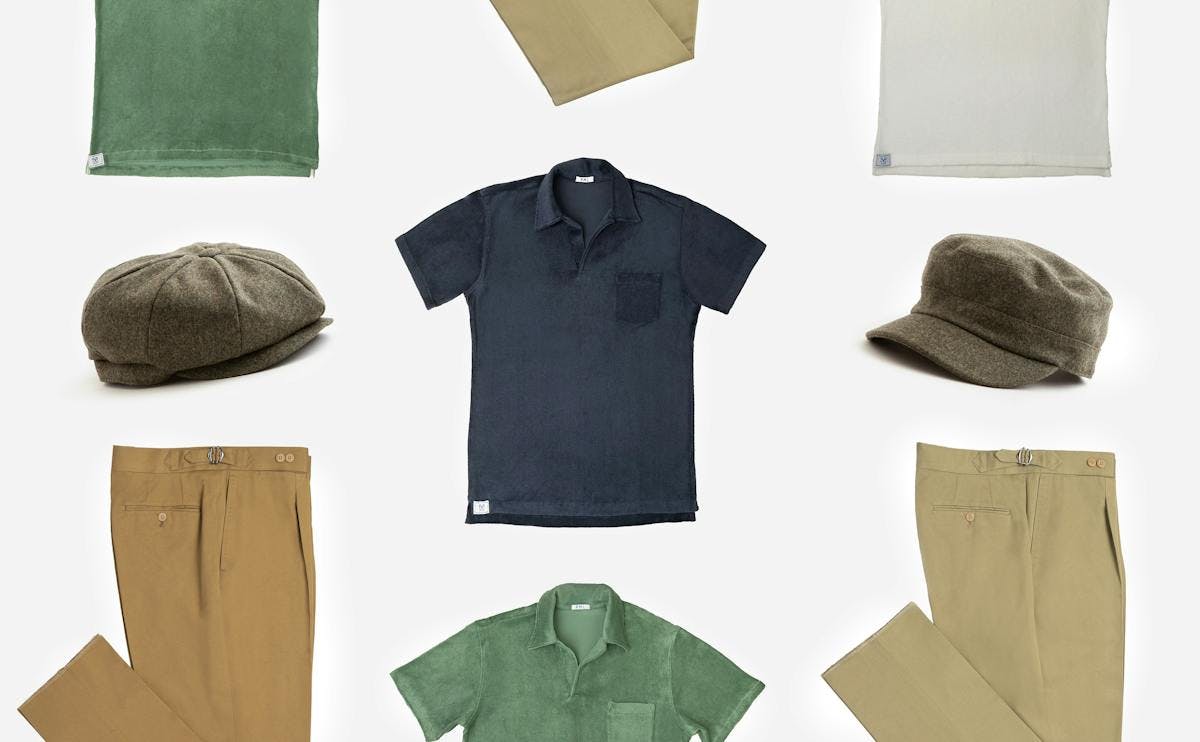 Chenille polos, cotton chinos, and flannel caps from PML.