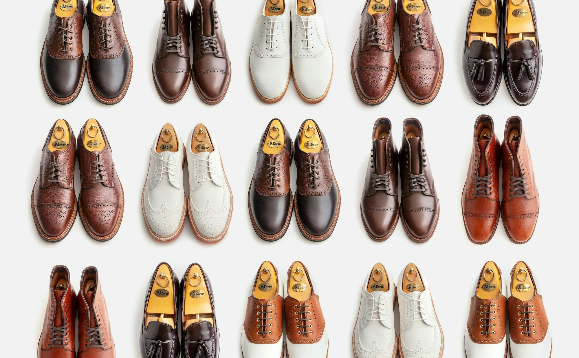 A collage of Alden x Leffot shoes, loafers, and boots.